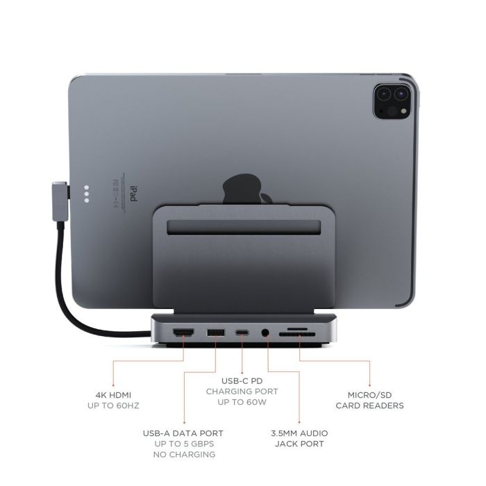 Satechi Stand & Hub for iPad, Mac & Surface (USB-C power 60W, 4K HDMI, USB-A, SDcard, audio 3.5mm ) - Space Grey T2